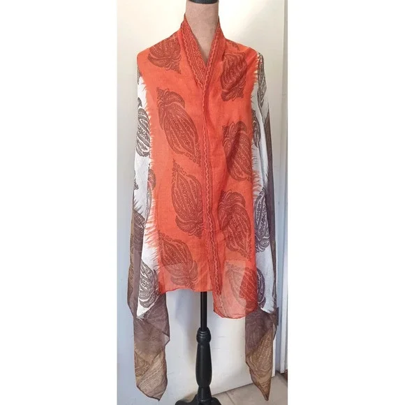 Boho Ombre Paisley Print Sheer Wrap Scarf Shawl Rust Brown Tan Fall Colors 68x34 - Picture 3 of 6